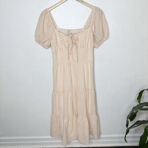 And Now This Milkmaid Tiered Gingham Midi Dress White Peach Womens Small Cottage